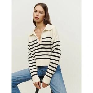 Reformation Francesco Cotton Polo Sweater in Gossamer/Black Stripe XS